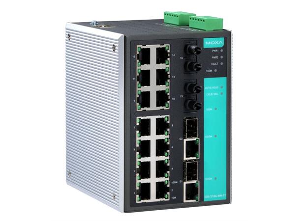 Moxa EDS-518A-MM-ST, 2x Gigabit 14x10/100BaseT(X), 2xGigabit, 2xMulti ST 